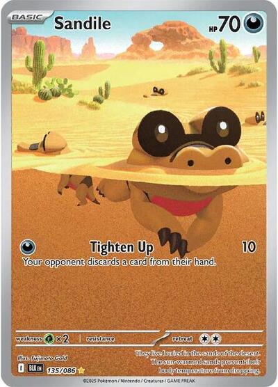 Pokémon card: Sandile 135/086 from Black Bolt (Illustration Rare), Darkness type, front of card