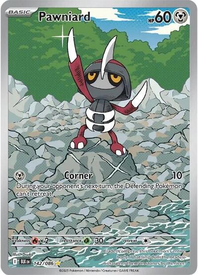Pokémon card: Pawniard 142/086 from Black Bolt (Illustration Rare), Metal type, front of card