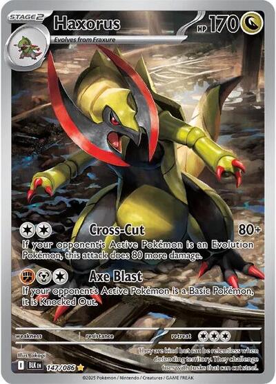 Pokémon card: Haxorus 147/086 from Black Bolt (Illustration Rare), Dragon type, front of card