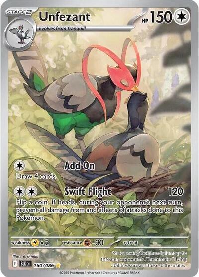 Pokémon card: Unfezant 150/086 from Black Bolt (Illustration Rare), Colorless type, front of card