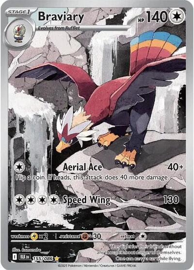 Pokémon card: Braviary 155/086 from Black Bolt (Illustration Rare), Colorless type, front of card