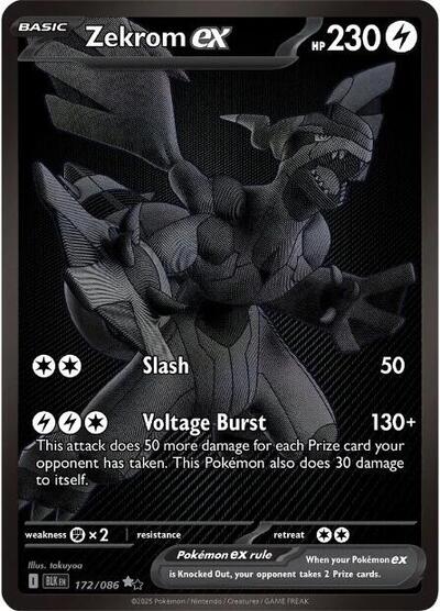 Pokémon card: Zekrom ex 172/086 from Black Bolt (Black White Rare), Lightning type, front of card