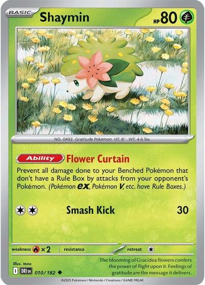 Pokémon card: Shaymin 010/182 from Destined Rivals (Uncommon), Grass type, front of card