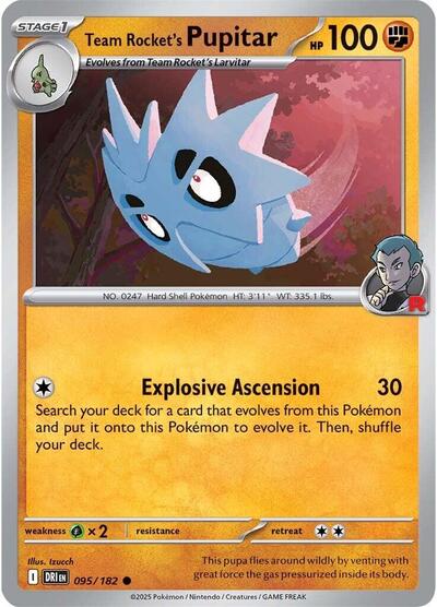 Pokémon card: Team Rocket's Pupitar 095/182 from Destined Rivals (Common), Fighting type, front of card