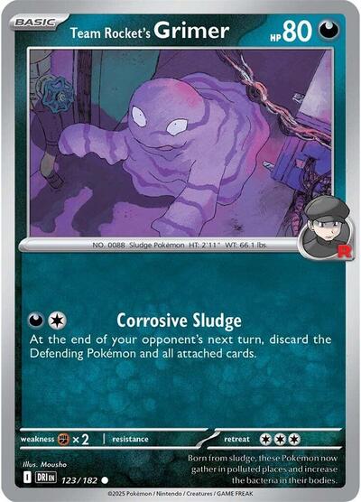 Pokémon card: Team Rocket's Grimer 123/182 from Destined Rivals (Common), Darkness type, front of card