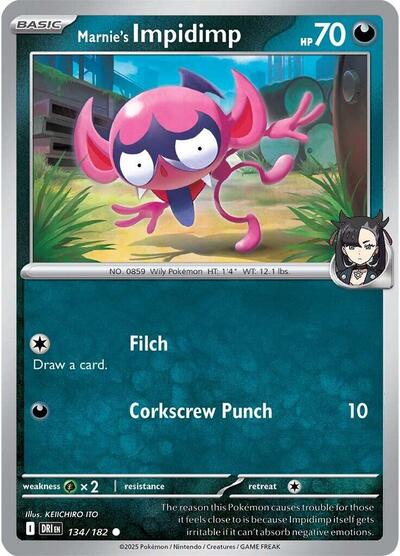 Pokémon card: Marnie's Impidimp 134/182 from Destined Rivals (Common), Darkness type, front of card