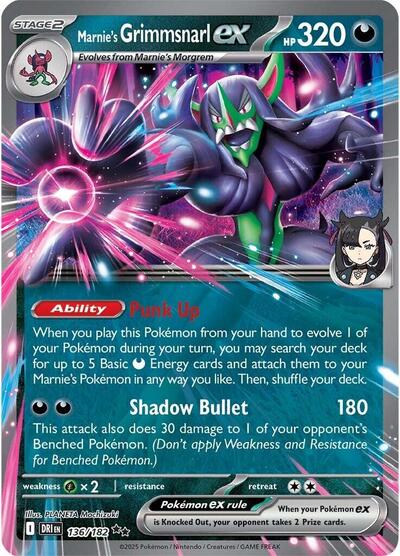 Pokémon card: Marnie's Grimmsnarl ex 136/182 from Destined Rivals (Double Rare), Darkness type, front of card