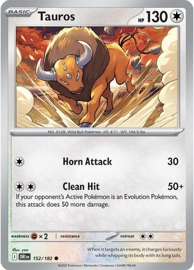 Pokémon card: Tauros 152/182 from Destined Rivals (Common), Colorless type, front of card