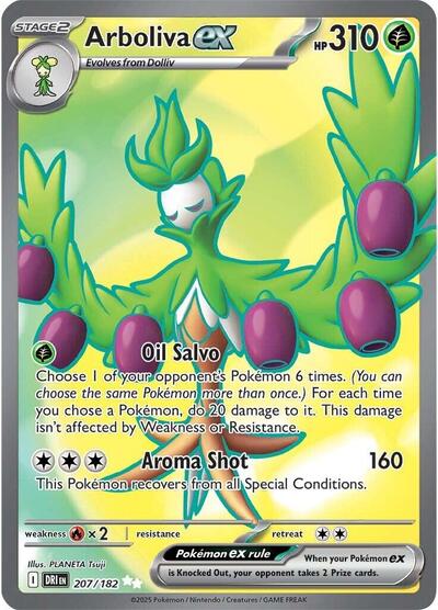 Pokémon card: Arboliva ex 207/182 from Destined Rivals (Ultra Rare), Grass type, front of card