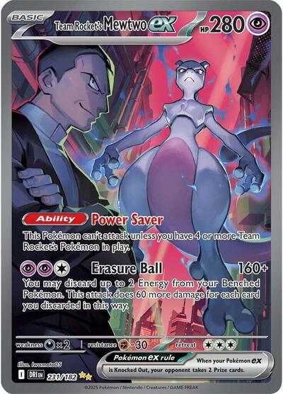 Pokémon card: Team Rocket's Mewtwo ex 231/182 from Destined Rivals (Special Illustration Rare), Psychic type, front of card