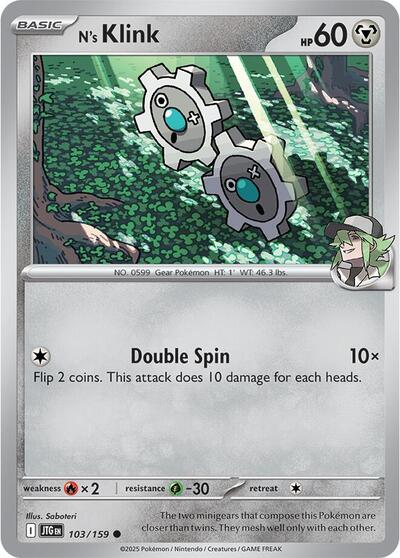 Pokémon card: N's Klink 103/159 from Journey Together (Common), Metal type, front of card