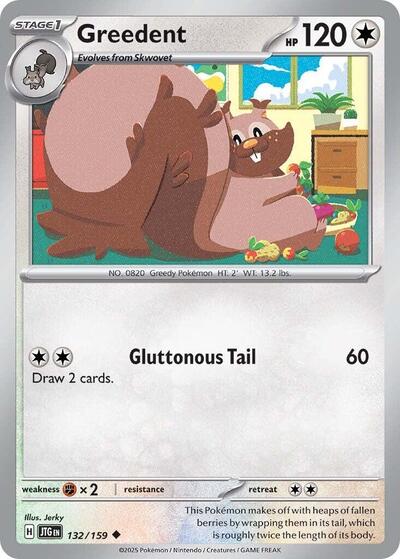 Pokémon card: Greedent 132/159 from Journey Together (Uncommon), Colorless type, front of card