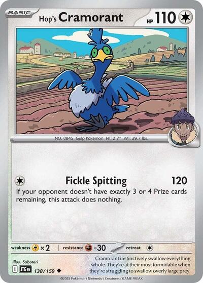Pokémon card: Hop's Cramorant 138/159 from Journey Together (Uncommon), Colorless type, front of card