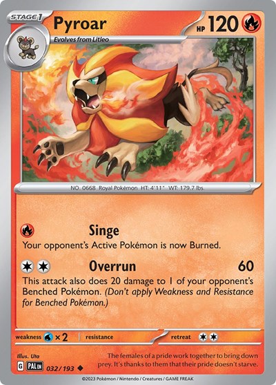 Pokémon card: Pyroar 032/193 from Paldea Evolved (Uncommon), Fire type, front of card