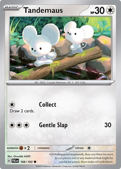 Pokémon card: Tandemaus 166/193 from Paldea Evolved (Common), Colorless type, front of card
