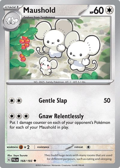 Pokémon card: Maushold 168/193 from Paldea Evolved (Uncommon), Colorless type, front of card