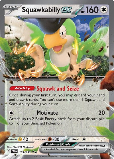 Pokémon card: Squawkabilly ex 169/193 from Paldea Evolved (Double Rare), Colorless type, front of card