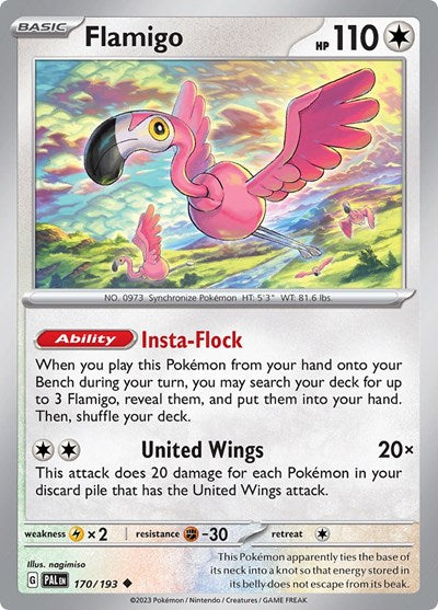 Pokémon card: Flamigo 170/193 from Paldea Evolved (Uncommon), Colorless type, front of card