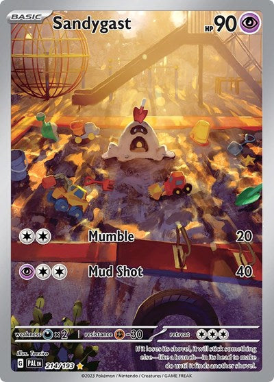Pokémon card: Sandygast 214/193 from Paldea Evolved (Illustration Rare), Psychic type, front of card