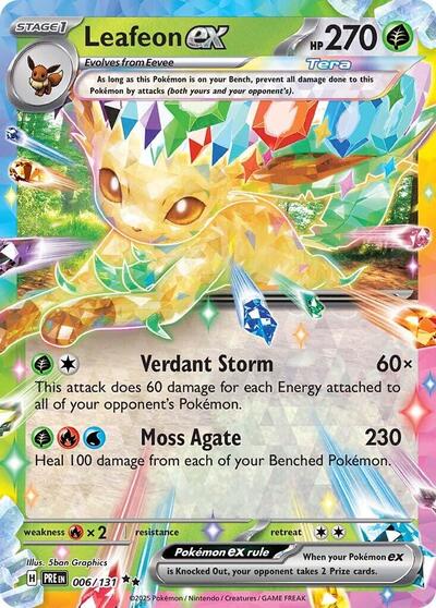 Pokémon card: Leafeon ex 006/131 from Prismatic Evolutions (Double Rare), Grass type, front of card