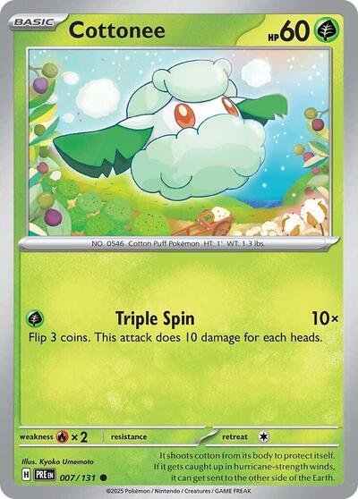 Pokémon card: Cottonee 007/131 from Prismatic Evolutions (Common), Grass type, front of card