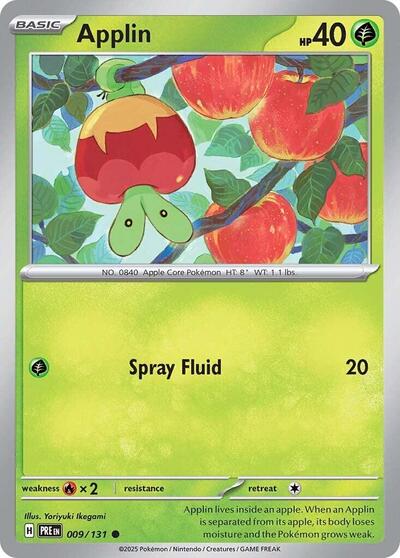 Pokémon card: Applin 009/131 from Prismatic Evolutions (Common), Grass type, front of card