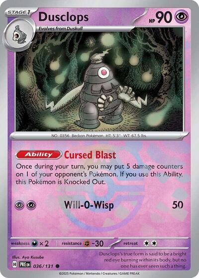 Pokémon card: Dusclops (Master Ball Pattern) 036/131 from Prismatic Evolutions (Common), Psychic type, front of card