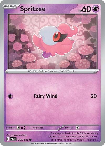 Pokémon card: Spritzee 038/131 from Prismatic Evolutions (Common), Psychic type, front of card