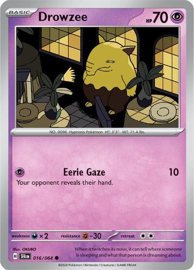 Pokémon card: Drowzee 016/064 from Shrouded Fable (Common), Psychic type, front of card