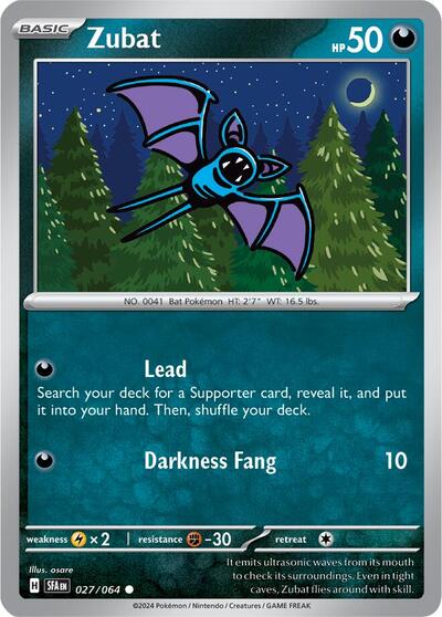 Pokémon card: Zubat 027/064 from Shrouded Fable (Common), Darkness type, front of card