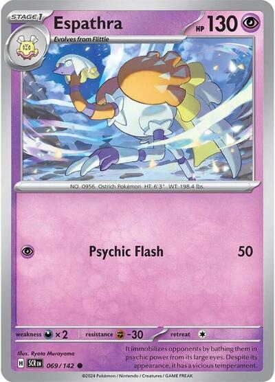 Pokémon card: Espathra 069/142 from Stellar Crown (Common), Psychic type, front of card