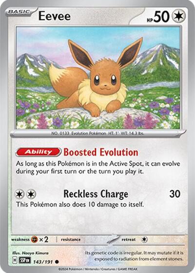 Pokémon card: Eevee 143/191 from Surging Sparks (Common), Colorless type, front of card