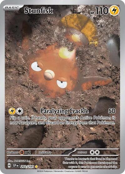 Pokémon card: Stunfisk 202/191 from Surging Sparks (Illustration Rare), Lightning type, front of card