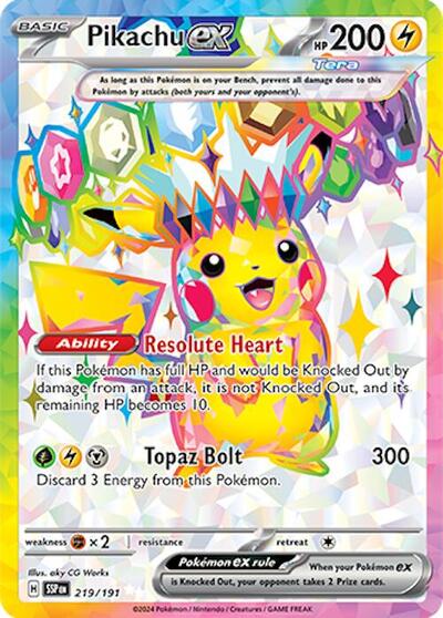 Pokémon card: Pikachu ex 219/191 from Surging Sparks (Ultra Rare), Lightning type, front of card