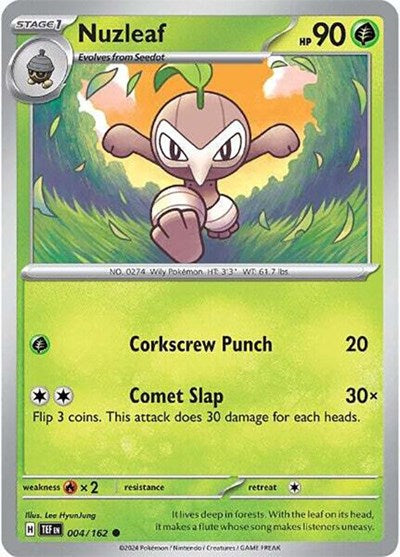 Pokémon card: Nuzleaf 004/162 from Temporal Forces (Common), Grass type, front of card