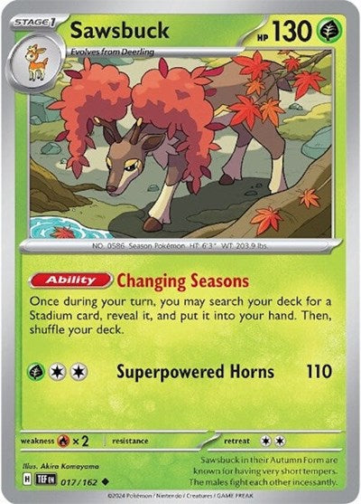 Pokémon card: Sawsbuck 017/162 from Temporal Forces (Uncommon), Grass type, front of card