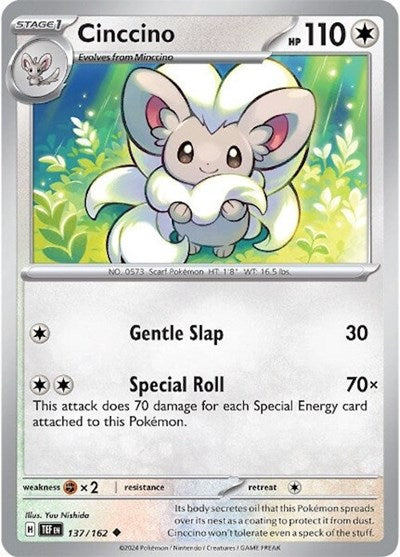Pokémon card: Cinccino 137/162 from Temporal Forces (Uncommon), Colorless type, front of card