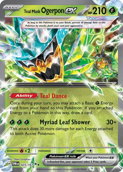 Pokémon card: Teal Mask Ogerpon ex 025/167 from Twilight Masquerade (Double Rare), Grass type, front of card
