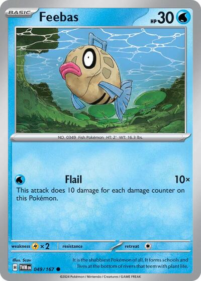 Pokémon card: Feebas 049/167 from Twilight Masquerade (Common), Water type, front of card