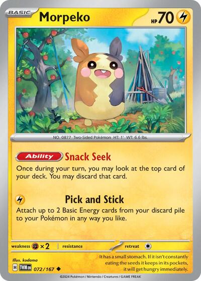 Pokémon card: Morpeko 072/167 from Twilight Masquerade (Uncommon), Lightning type, front of card