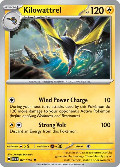 Pokémon card: Kilowattrel 076/167 from Twilight Masquerade (Uncommon), Lightning type, front of card