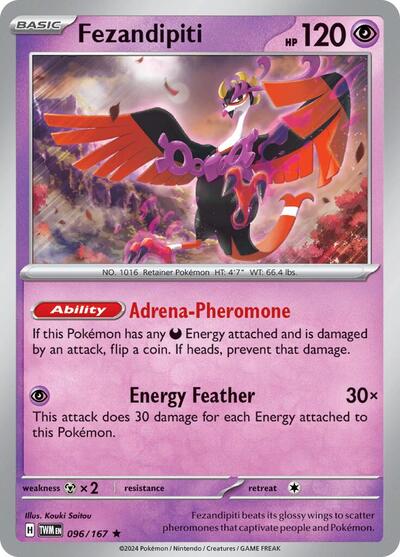 Pokémon card: Fezandipiti 096/167 from Twilight Masquerade (Rare), Psychic type, front of card