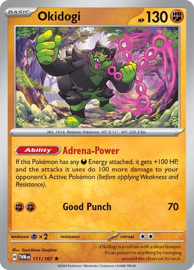 Pokémon card: Okidogi 111/167 from Twilight Masquerade (Rare), Fighting type, front of card