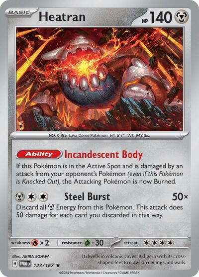 Pokémon card: Heatran 123/167 from Twilight Masquerade (Rare), Metal type, front of card