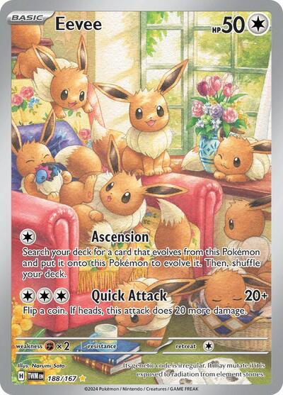 Pokémon card: Eevee 188/167 from Twilight Masquerade (Illustration Rare), Colorless type, front of card