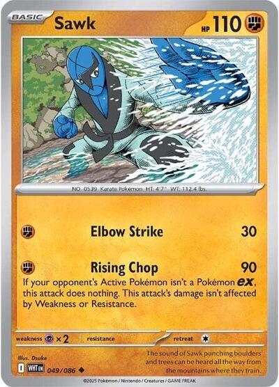Pokémon card: Sawk 049/086 from White Flare (Uncommon), Fighting type, front of card