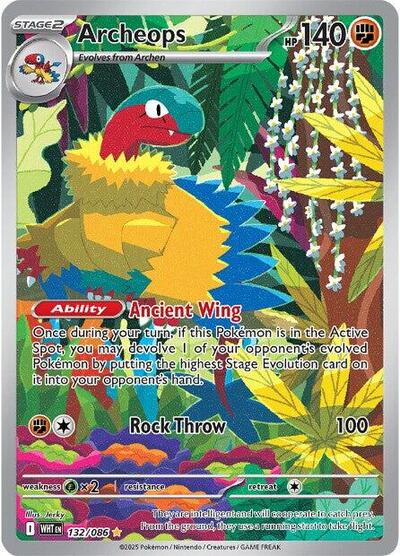 Pokémon card: Archeops 132/086 from White Flare (Illustration Rare), Fighting type, front of card