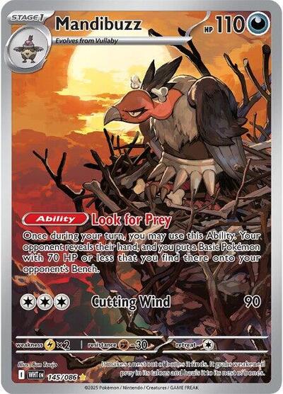 Pokémon card: Mandibuzz 145/086 from White Flare (Illustration Rare), Darkness type, front of card