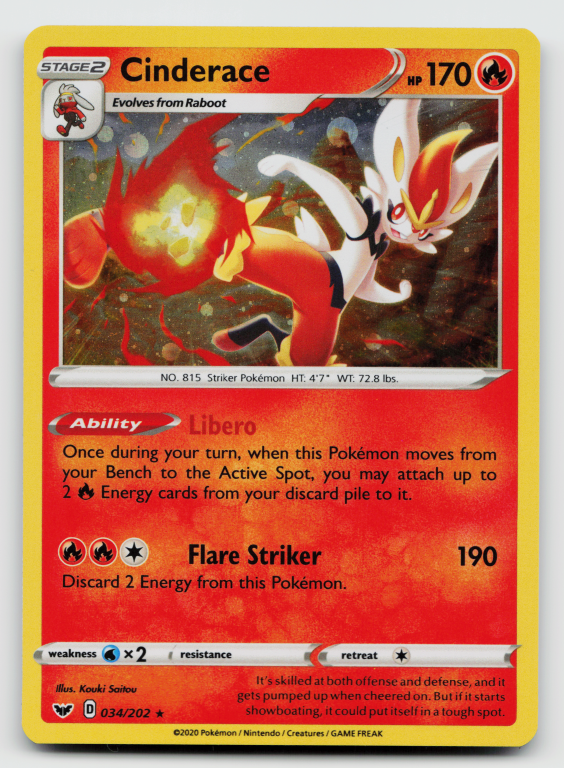 Pokémon card: Cinderace Holo Rare (Holofoil Promo) 034/202 from Sword & Shield base set (Holo Rare), Fire type, front of card
