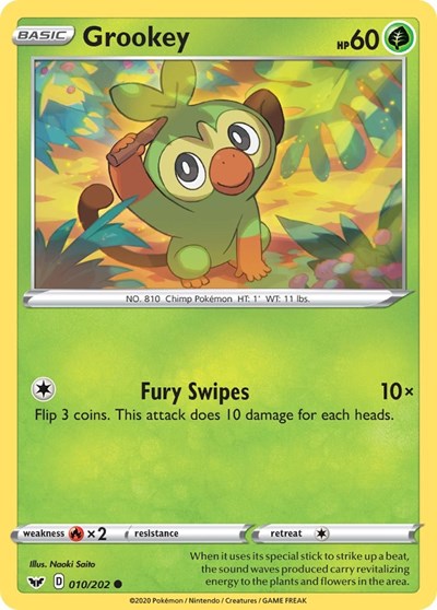 Pokémon card: Grookey 010/202 from Sword & Shield base set (Common), Grass type, front of card